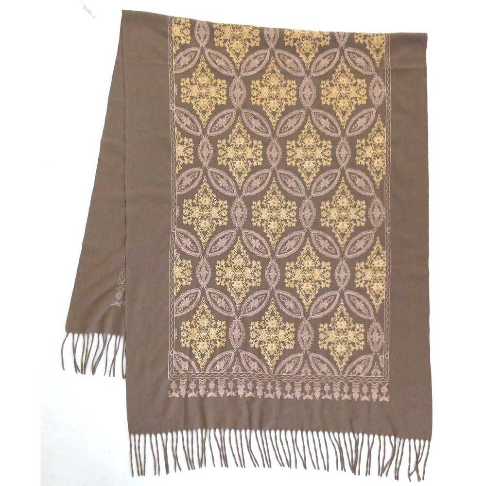 Taupe Cashmere Wool Wrap Ivory Gold Crewel Embroidery Fringed Edge 29X70